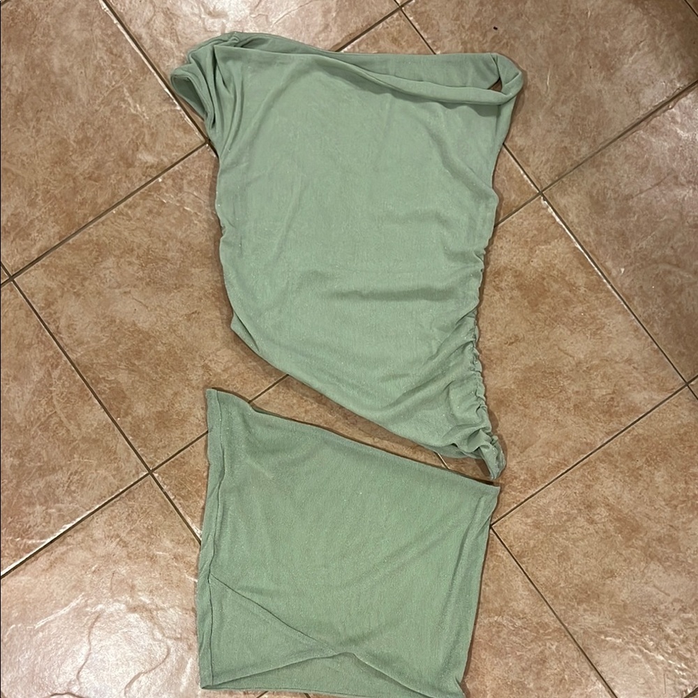 Tiger Mist Green Asymmetrical Wrap Skirt Set